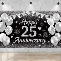 Happy 25th Anniversary Banner - Silver Black Wedding Anniversary Decorations... 90.6x70.8inch/230*180cm