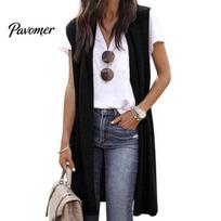Women Sleeveless Cardigan Long Waistcoat Open Stitch Solid Color Loose Coat Elastic Soft Breathable Casual Mid Length Lady Vest Pure XL black