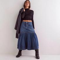 Street Vintage High Waist A Line Casual Denim Midi Skirt For Women S tamsiai mėlyna spalva