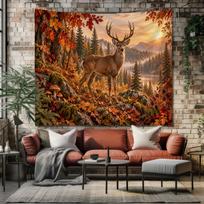 Deer Tapestry Autumn Forest Wall Hanging Stag Mountain Landscape Art Rustic Woodland Wildlife Cabin Wall Decor 59×39inch/150*100cm