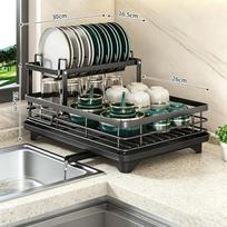Extendable 1-Tier Metal Dish Drying Rack, Large Capacity Utensil Holder with Drain Board for Kitchen Counter 43x30x13cm&2-tier