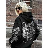 National Style Dark Dragon and Tiger Totem Hooded Sweatshirt! Chinese Style Trendy Dragon Print Unisex Hoodie 3XL black