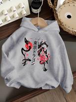Japanese Ink Dragon Kids Hoodie Cherry Blossom Red Sun Chest Print Autumn Winter Fleece Warm Casual Hooded Sweatshirt 130 gray