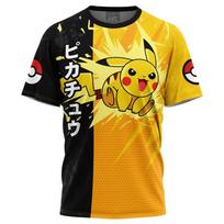 Men's Pikachu Split Black Yellow Japanese Pokeball Sleeve Print Crew Neck T-Shirt, Anime Otaku Streetwear Short Sleeve L black
