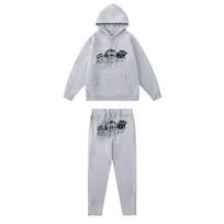 Trapstar Streetwear Išsiuvinėtas Džemperis su Kapišonu ir Sportinės Kelnės Rinkinys Unisex Vilnos Pamušalas Laisvalaikio Sportinis Kostiumas M gray