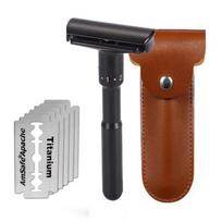 Adjustable Safety Razor Mens Double Edge Shaving Classic Safety With 5 PCS Titanium Coated Blades Shaver Razor Blade And PU Bag black