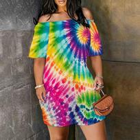 Women Plus Size Off Shoulder Short Sleeve Colorful Printed Loose Romper With Side Pockets 7XL blue