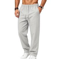 Men's Elastic Waist Drawstring Casual Pants Lightweight Breathable Loose Straight Leg Trousers with Side Pockets for Daily Outdoor Travel XXXL white