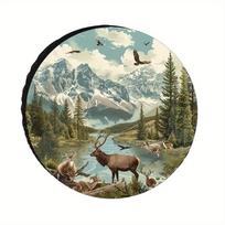 Mountain Deer Landscape Spare Tire Cover Durable Polyester for RVs Campers Trailers UV Protection Dustproof Protective Cover 15inch