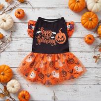 Happy Halloween Dog Tutu Dress Ruffle Pumpkin Ghost Bat Spider Orange Mesh Tulle Skirt Pet Outfit For Small Medium Dogs Cats XS black