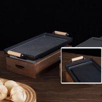 Korean BBQ Grill Plate with Wooden Base Portable Tabletop Alcohol Heating Grill for Home  Restaurant Steak Barbecue