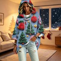 Women's 3/4 Sleeve Christmas Print Hooded Pullover Top Casual Holiday Outfit M rožinė