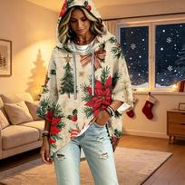 Women's 3/4 Sleeve Christmas Print Hooded Pullover Top Casual Holiday Outfit M raudona