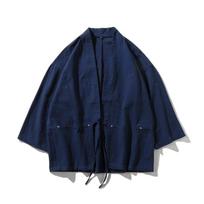 Japanese Kimono Cardigan Men Yukata Male Samurai Clothing Chinese Hanfu Streetwear Jacket L tamsiai mėlyna spalva