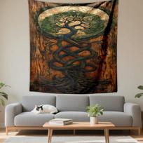 Tapestry Yggdrasil Tree of Life Wood Carving Brown Wood Green Foliage Moon Celtic Wall Art 75x90cm(29x35in) black