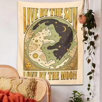 Sun Moon cat Tapestry Wall Hanging Tarot retro black white cat psychedelic love star for Living Room Home Dorm Decor Cloth gift 130X150CM