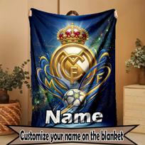 Custom Name Personalized Real Madrid Football Print Blanket, Home Decor, Bedroom, Sofa, Camping, Couch, Gifts for Birthday Christmas 80cmx120cm