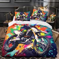 3D Motocross Duvet Cover Set Microfiber Bedding for Teens Room,Motorcycle Graphic Theme Zipper Closure Easy Care Students Decor Baby 70x133 cm white