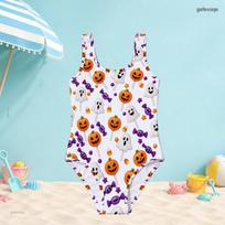 Girls Scoop Neck Wide Straps Sleeveless One Piece Swimsuit Halloween Pumpkin Bat Printed 140 white