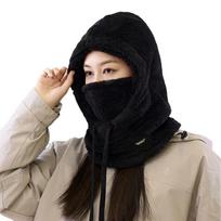 Unisex Winter Fleece Balaclava Hat, 3-in-1 Hood Mask Neck Warmer, Adjustable Drawstring Windproof Ski Cycling Warm Cap juoda