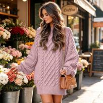 Women's Oversized Cable Knit Sweater Dress Long Sleeve Neck Pullover Midi Dress for Fall and Winter XL brown