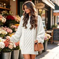Women's Oversized Cable Knit Sweater Dress Long Sleeve Neck Pullover Midi Dress for Fall and Winter XL