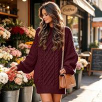 Women's Oversized Cable Knit Sweater Dress Long Sleeve Neck Pullover Midi Dress for Fall and Winter L