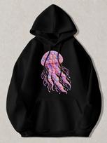 Black Pullover Hoodie with Vibrant Colorful Jellyfish Graphic Print Long Sleeve Sweatshirt with Kangaroo Pocket And Drawstring Hoo XL pink