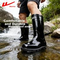 Warrior Men's High Tube Rain Boots Outdoor Fishing Car Wash Waterproof Wear-Resistant Rubber Shoes 42 juoda