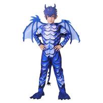 The Frost Blue Dragon Knight Jumpsuit for Kids, Halloween Carnival Theme Party Costume with Wing Tail Mask 140 blue