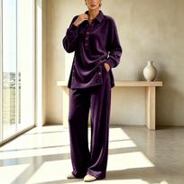 Women's Velvet 2 Piece Outfit Set with Button Down Shirt and Elastic Waist Pants XL violetinė