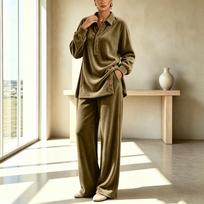 Women's Velvet 2 Piece Outfit Set with Button Down Shirt and Elastic Waist Pants S chaki