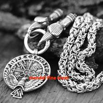 Stainless Steel Mens Norse Viking Raven Vegvisir Pendant Necklace For Men Holiday Gift 26" Heavy Raven Chain sidabras