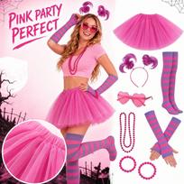 Moterų Helovino kostiumų rinkinys su tiulio sijonu, plaukų juosta su uodega, dryžuotomis kojinėmis, pirštinėmis, akiniais, karoliais ir apyranke One Size pink