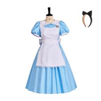 Halloween Women Alice In Wonderland Cosplay Costume Blue Maid Lolita Dress with Apron Bow Headband Full Set Carnival Party Dress M mėlyna