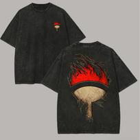 Naruto Uchiha Clan T Shirt Sharingan Fire Logo Vintage Acid Wash Streetwear Oversized Retro Anime Graphic Men Tees Clothing L black