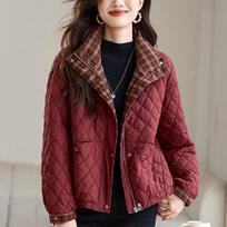 Autumn/Winter Loose Fit Diamond Grid Cotton Coat with Stand Collar for Middle-aged and Elderly M raudona