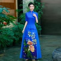 Vietnamietiškas Aodai podiumo cheongsam rudens naujas aukštos klasės atmosferiškas patobulinta mėlyna versija scenos podiumo pasirodymo suknelė 3XL blue