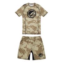 Grappling Rash Guard & Fight Shorts Brazilian Jiu-Jitsu No Gi Men's Sports Casual T-Shirt Set Summer Forest & Desert Camo Style 3XL beige