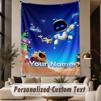 Custom Text Printed Tapestry Astro Bot Pattern Large Wall Hanging Indoor Room Decor 100cmx150cm blue