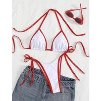 Women Fashion Sexy Solid Color Split Two Piece Bikini Swimsuit Set L raudona