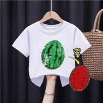 New Children's Sequins Cartoon panda Watermelon color-changing Short Sleeve Boy Girl cotton strawberry dinosaur T-shirt 130 white