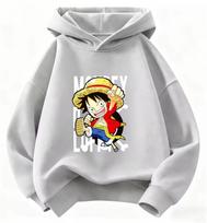 One Piece Monkey D Luffy Chibi Cartoon Print Hoodie Kids Boys Girls Pullover Hooded Sweatshirt Anime Children Streetwear Tops 160 gray
