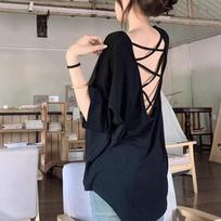 Pure desire sexy careful machine backless short-sleeved t-shirt women's summer new lazy loose versatile casual top One size fits all【within 60kg】 juoda