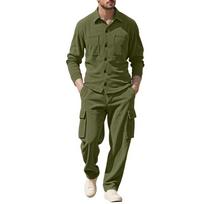 Mens Clothes Outfit Casual Sport Lapel Cardigan Long Sleeve Two-Piece Set Loose Corduroy Cargo Suit Shirt Pants Elastic Waist XXXL armijos žalia spalva