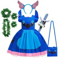 Lilo ir Stitch to paties stiliaus mergaitės kostiumas Dygsio Helovino vakarėlio suknelė + Aksesuarai Vasarinė trumpomis rankovėmis pūkuota miela suknelė 4T(120CM) blue