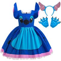 Lilo ir Stitch to paties stiliaus mergaitės kostiumas Dygsio Helovino vakarėlio suknelė + Aksesuarai Vasarinė trumpomis rankovėmis pūkuota miela suknelė 7-8T(140CM) blue