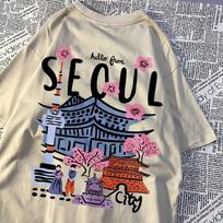 Hello From Seoul City Tshirt Korean Style Cherry Blossom Graphic Tees Harajuku Streetwear Unisexs And Unisexs Fashion Top 4XL black