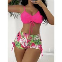 202 New Swimsuit Europe and America Sexy Swimsuit Swimsuit Women Bright Color Small Suspender Drawstring Split Swimming XL pink