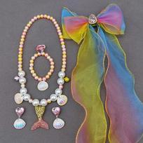 Girl's Mermaid Theme Sequin Hair Accessories Mermaid Jewelry Kit Necklace Ring Hair Clips Hair Rope Cure Jewelry Gift For Kids brown